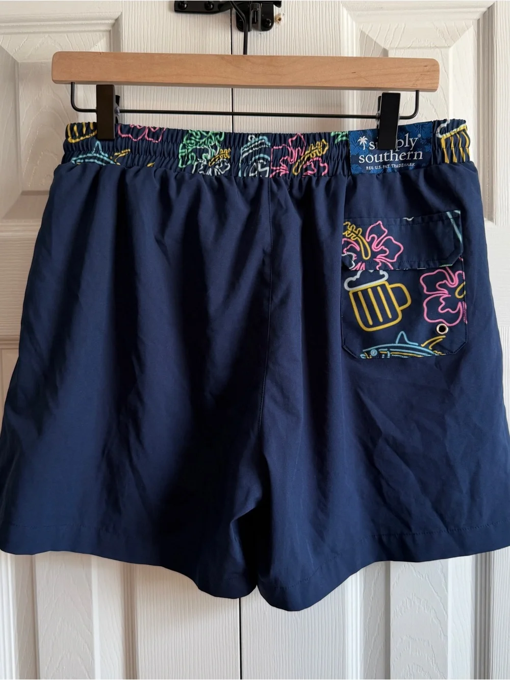Simply Southern Navy Swim Trunks with Multicolor Neon Waistband